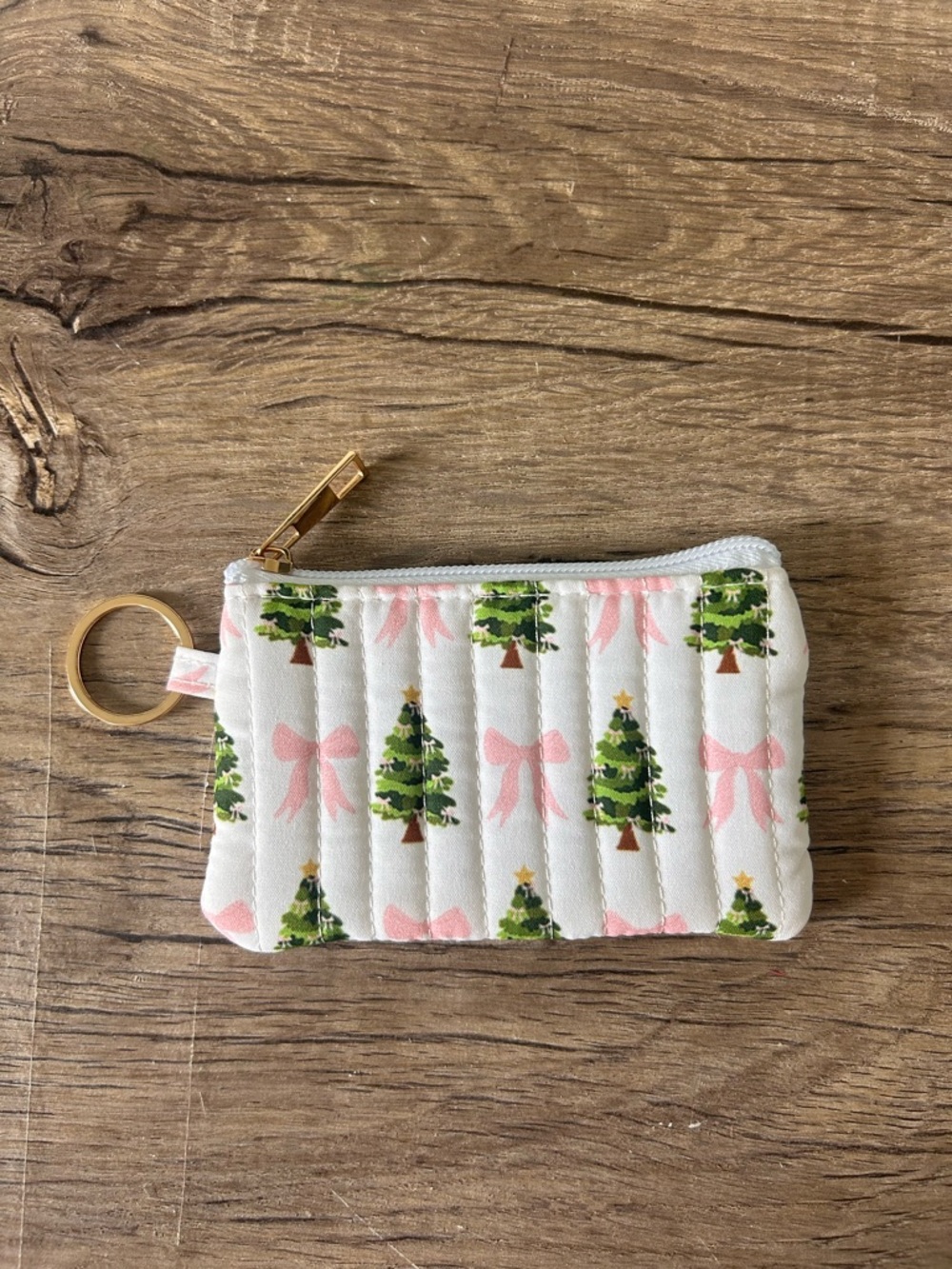 Quilted Christmas Tree Key Pouch - White with Green Trees & Pink Bows